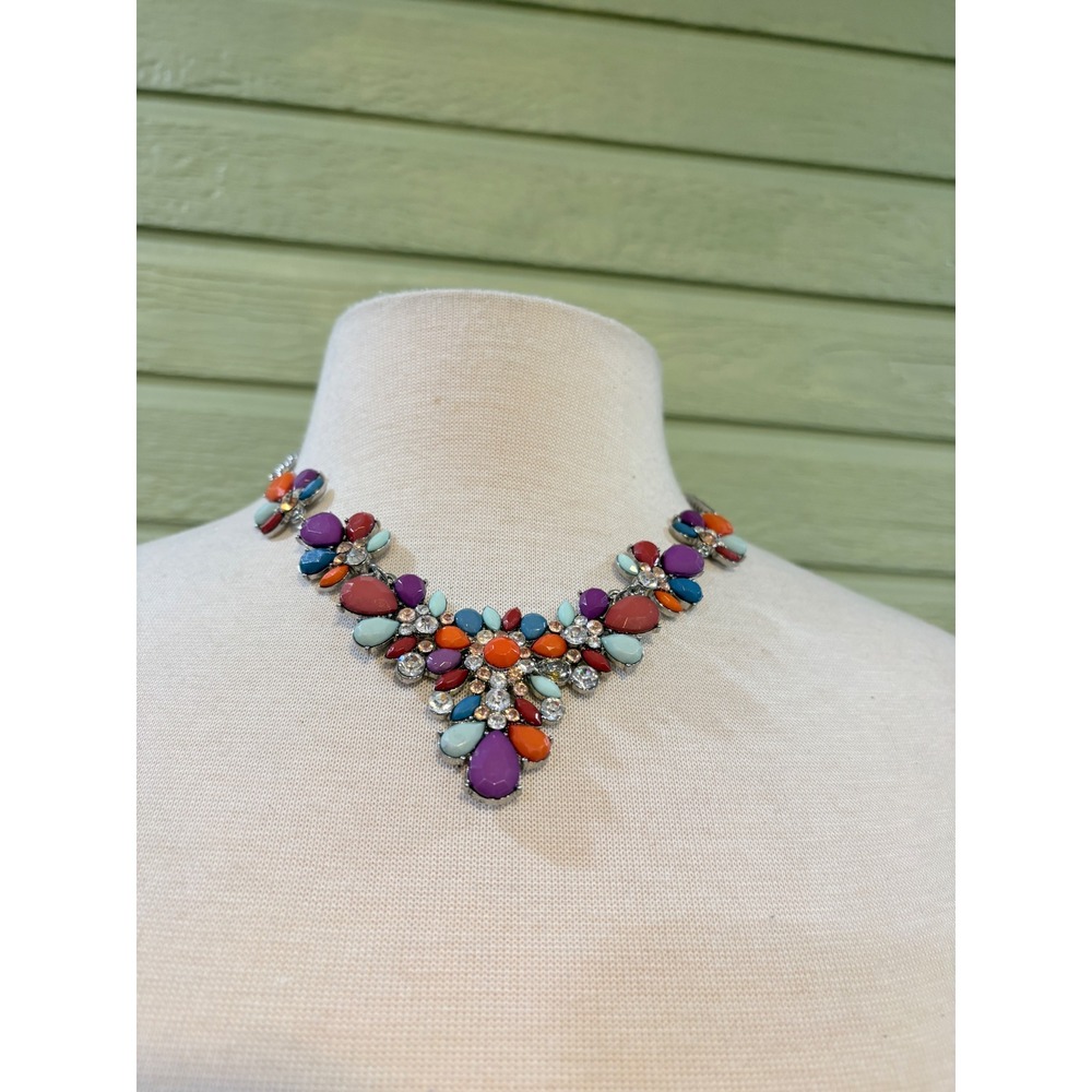 Multicolor Resin Stone Rhinestone Statement Bib Necklace Silver Tone